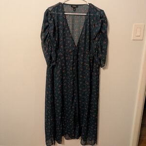 Torrid Teal Floral Chiffon Ruched Sleeve Kimono Size 2X